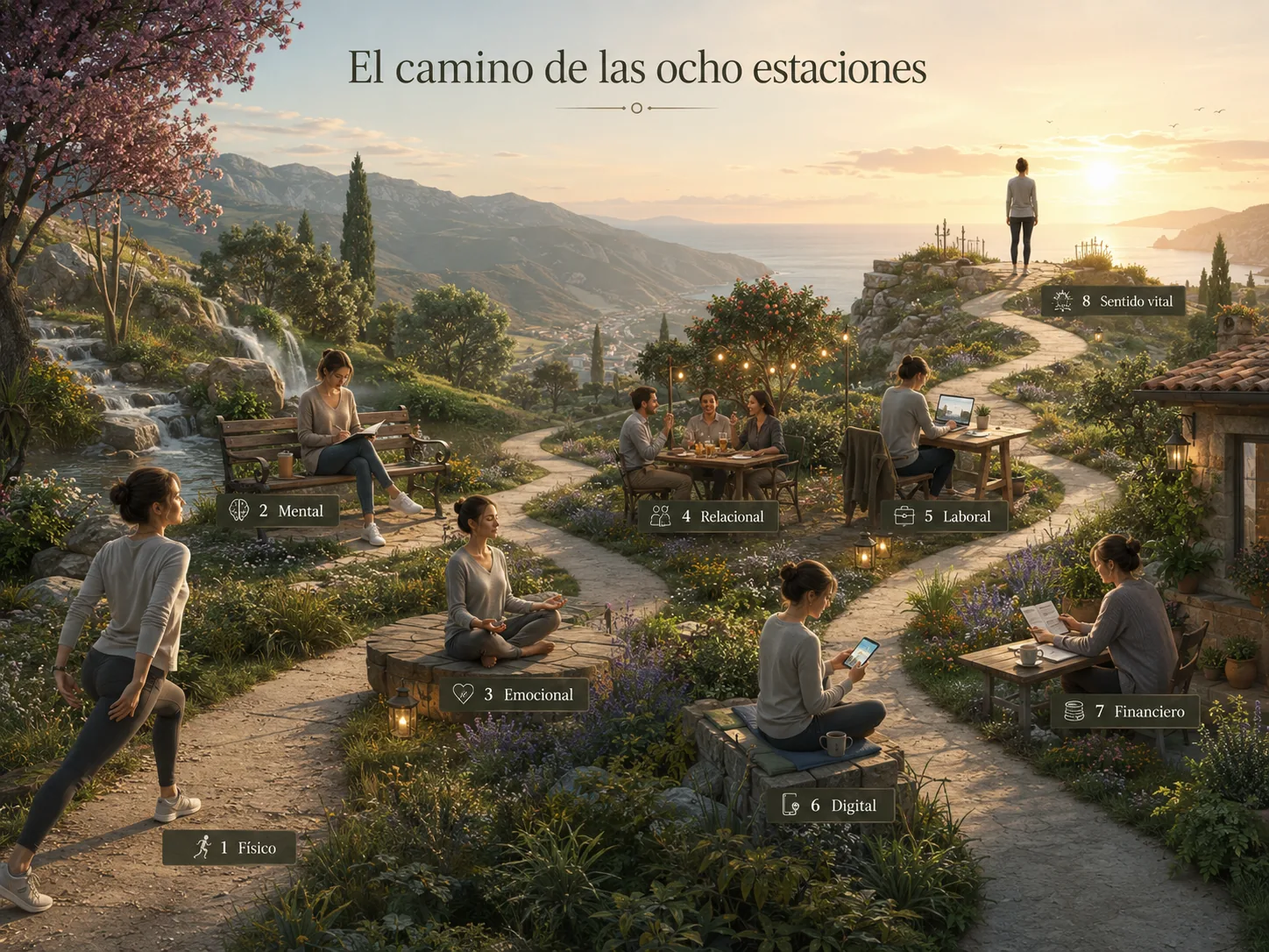 Ilustración del camino de las ocho áreas de bienestar Vitae