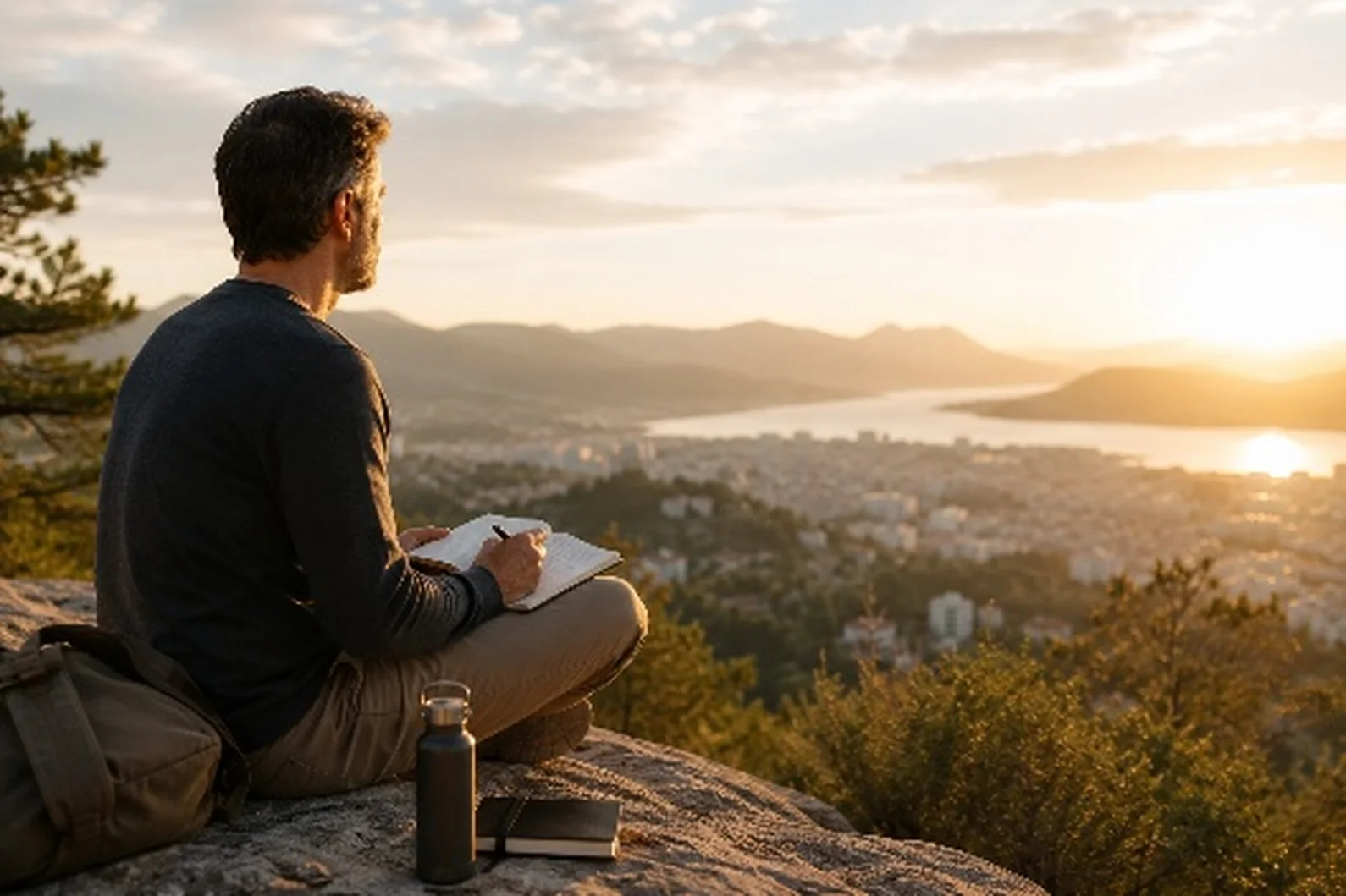 Persona sentada en un mirador escribiendo, con la ciudad y el mar al fondo al atardecer
