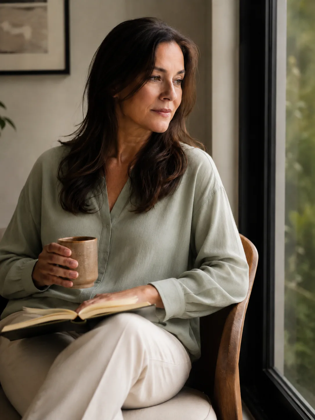 Mujer leyendo con una taza junto a la ventana