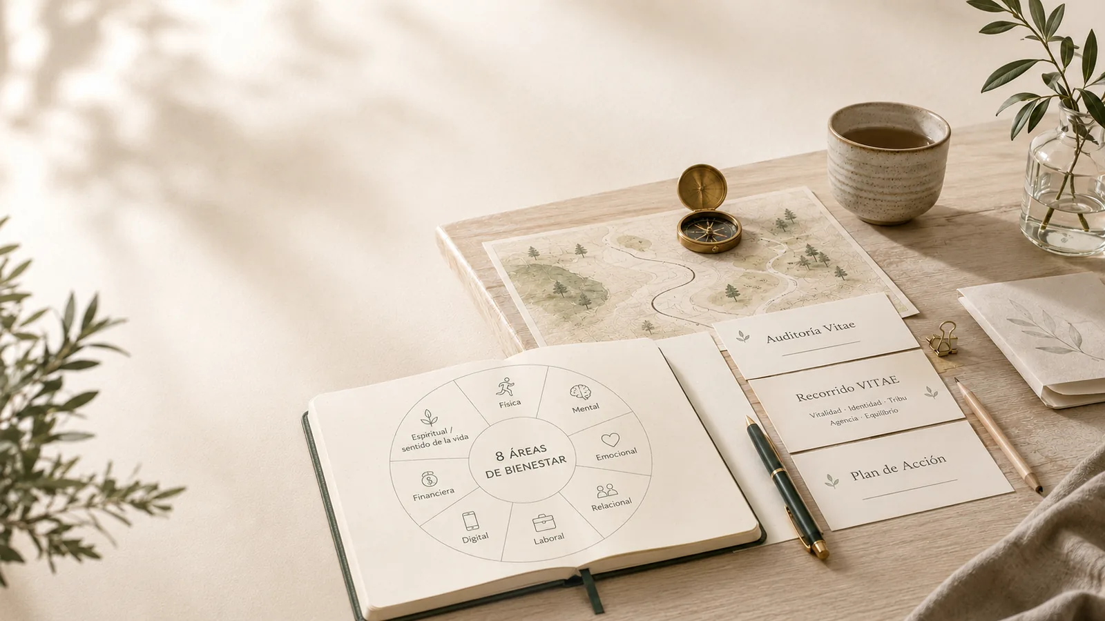 Cuaderno abierto con la rueda de las ocho áreas de bienestar, una brújula y una taza