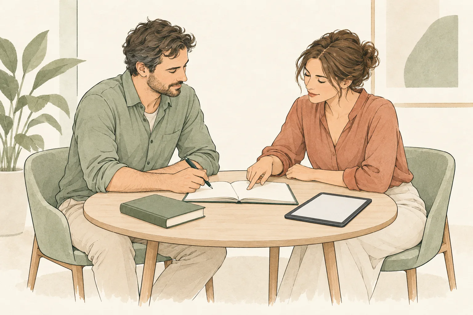 Dos personas conversan en una mesa con un cuaderno y una tableta
