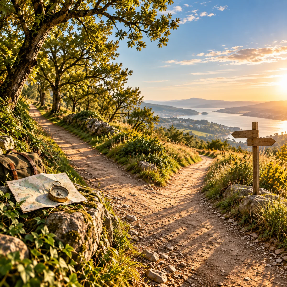 Un cruce de caminos al atardecer, con un poste indicador y un mapa en el suelo