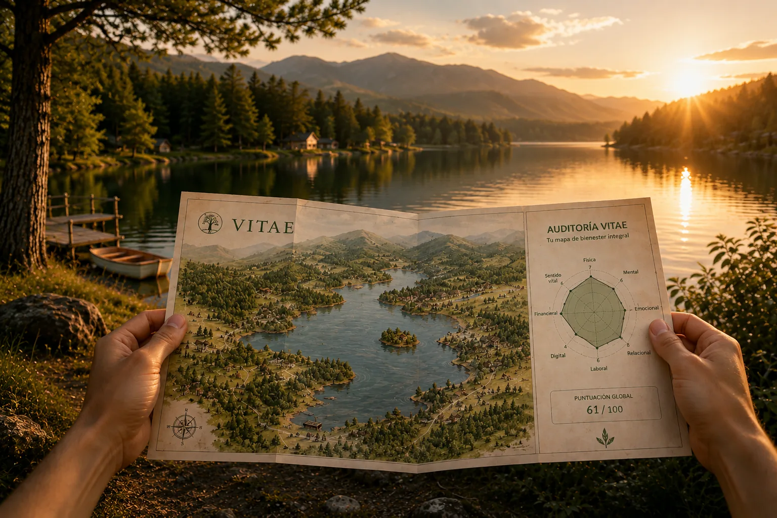 Unas manos sostienen un mapa Vitae frente a un lago al atardecer