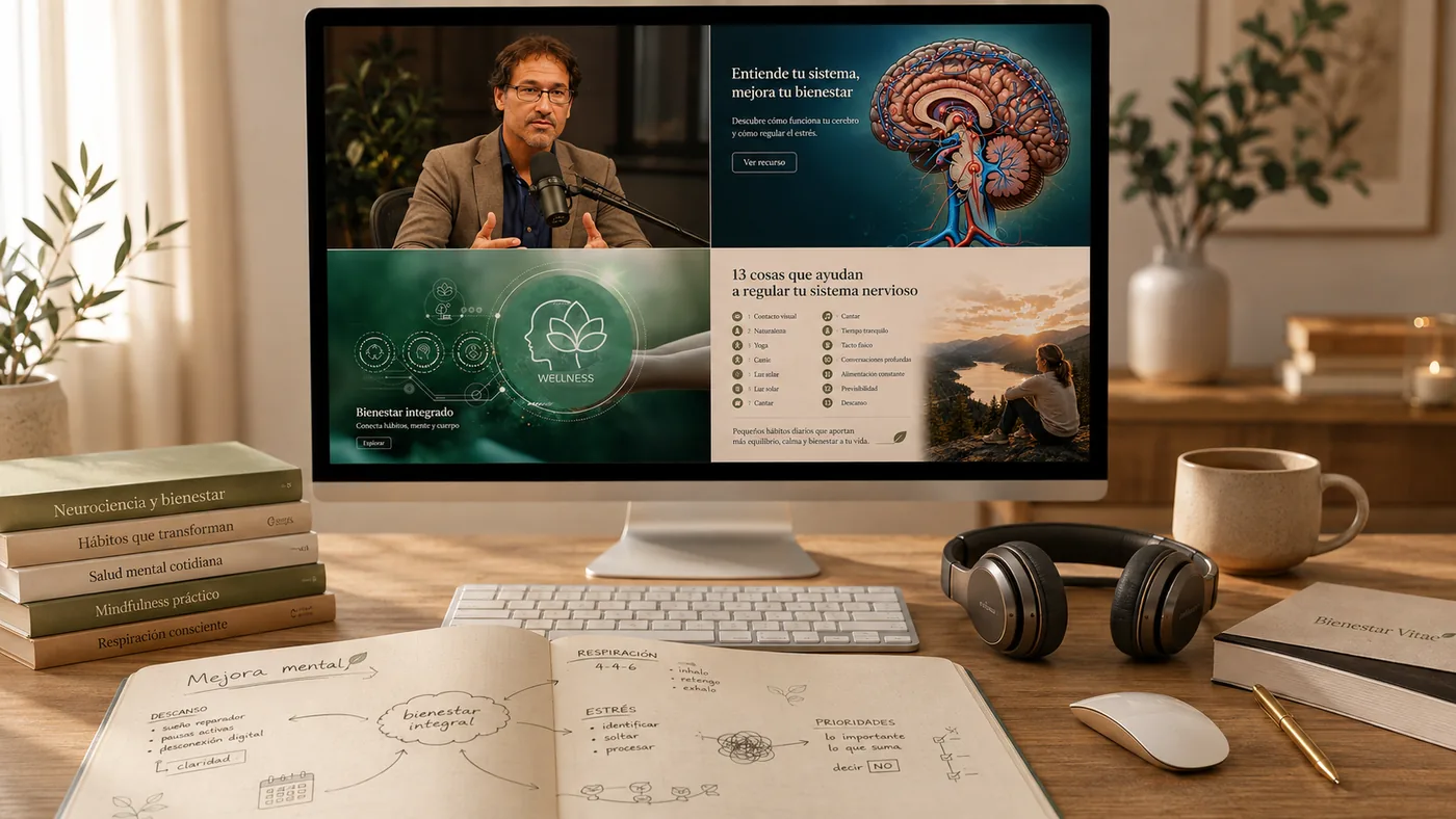 Escritorio con monitor, cuaderno y auriculares